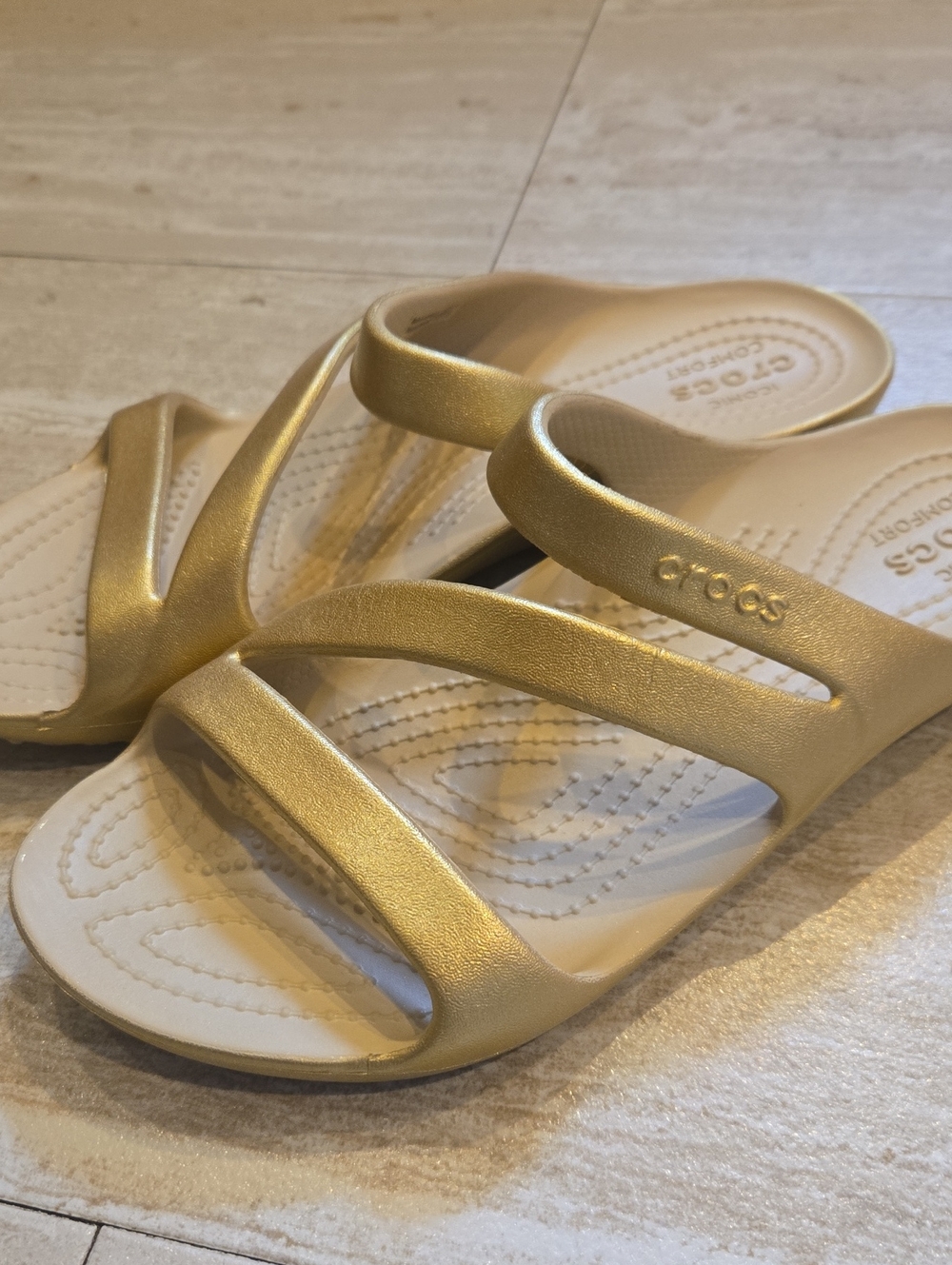 Crocs Iconic Comfort Metallic Gold Strappy Sandals